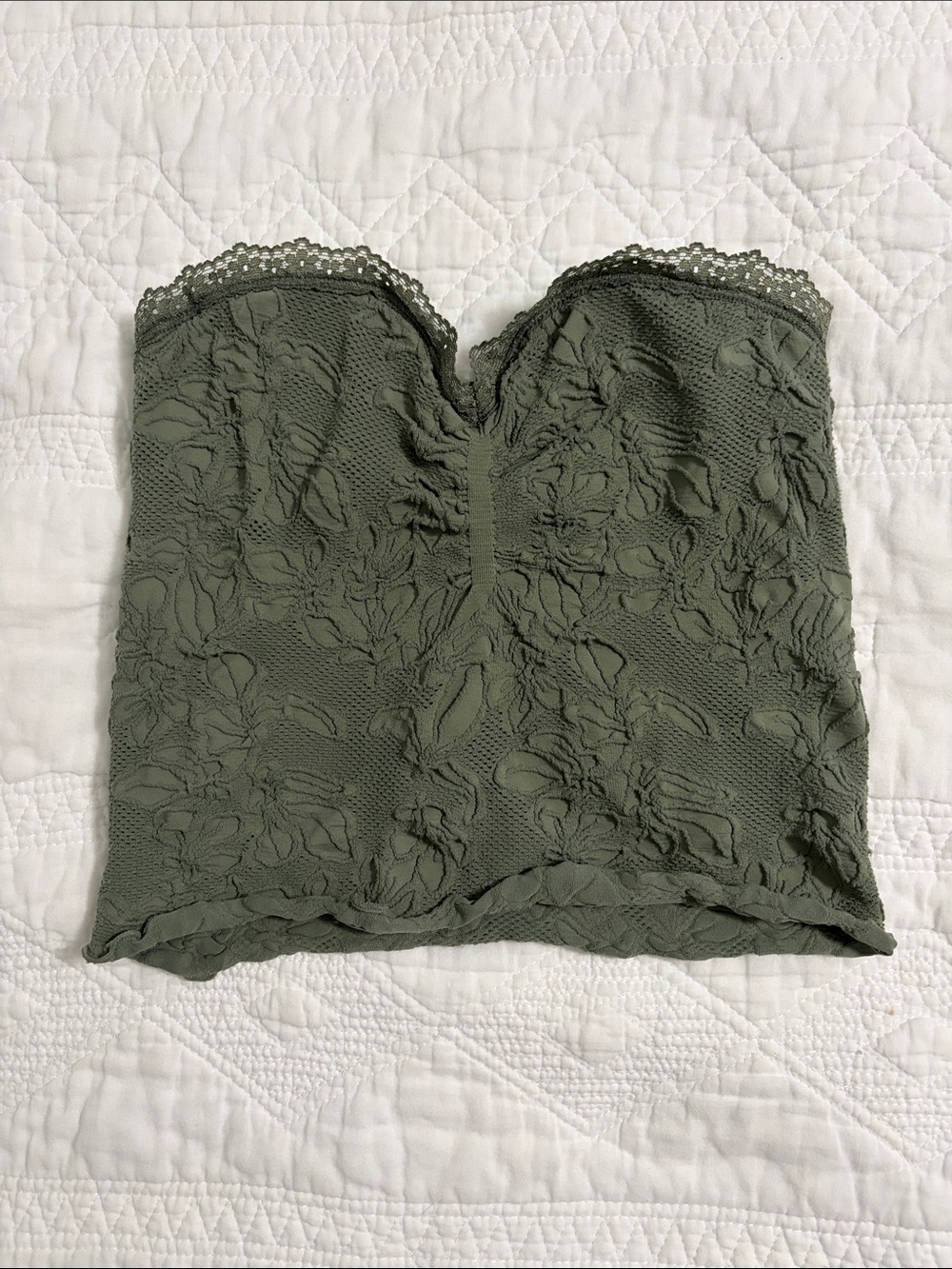 Full Tilt Olive Green Lace-Textured Strapless Crop Top